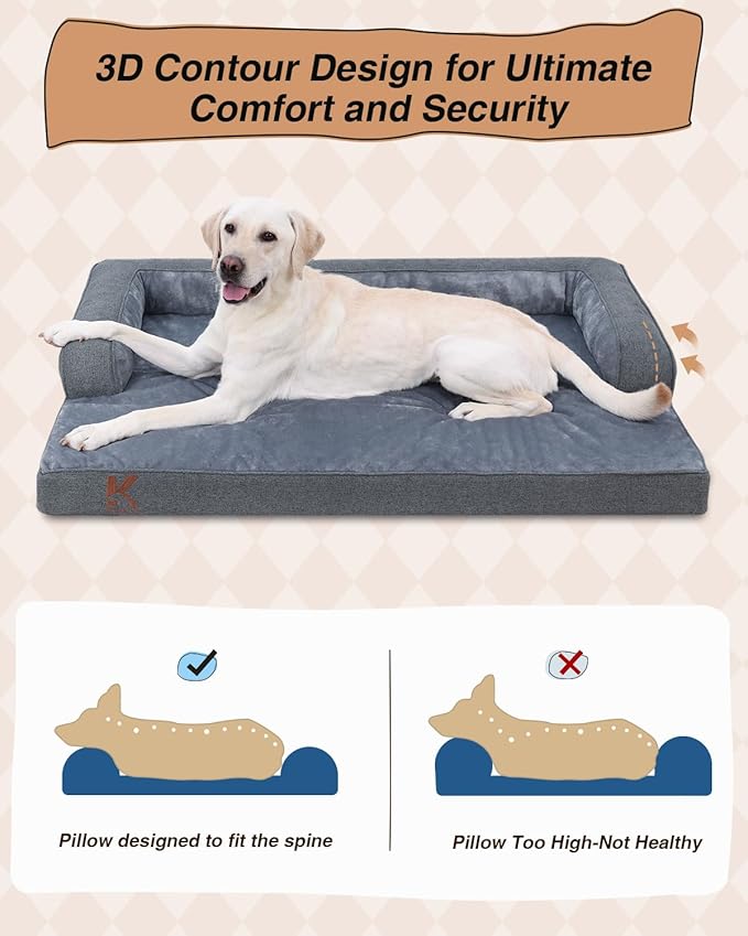 KSIIA Orthopedic Dog Bed for Extra Large Dog,Washable Pet Sofa with U-Shaped Bolster Removable Waterproof Cover Non-Slip Bottom and Egg-Crate Orthopedic Foam Pet Couch Bed, 53 x 36 Inch, Dark Gray