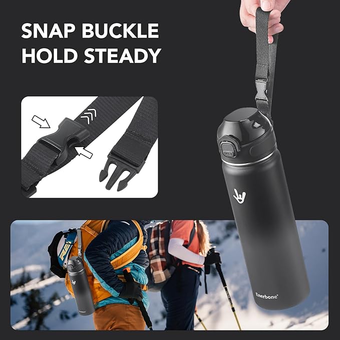 Enerbone 24 oz Insulated Water Bottle, Stainless Steel Bottle with Carrying Strap, Double-Wall Vacuum Insulation Design, Leakproof Sports Bottle with Straw, Keep Drinks Cold or Hot for Hours