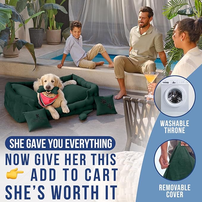 Luxury Dog Bed Chesterfield – Handcrafted Velvet Throne for Dogs | Joint Support, Calming & Temp-Regulating Comfort | Durable 5+ Years, Anti-Claw, Washable 100+ Times – XL, Green