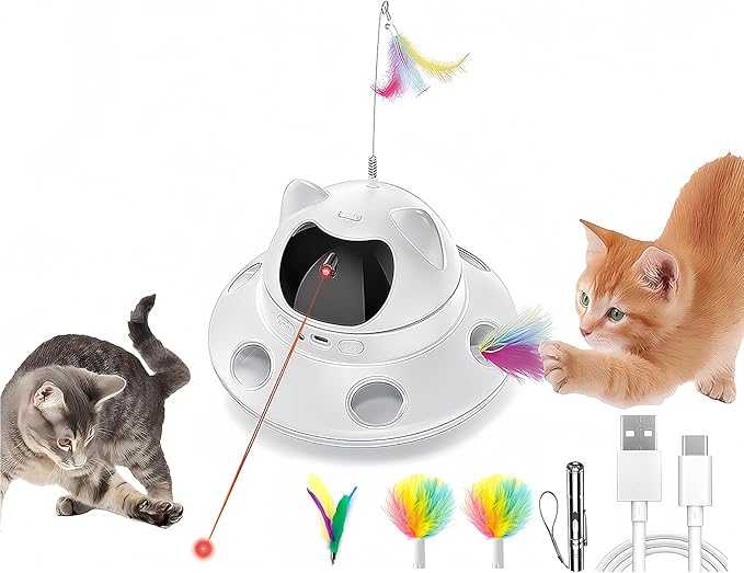 3-in-1 Cat Laser Toy & Interactive Automatic Motion-Activated Kitten Toy β 6 Holes Whack-A-Mole Feather & Moving Ambush Fun β USB Rechargeable, Apply to β Indoor Exercise for Cats of All Breeds