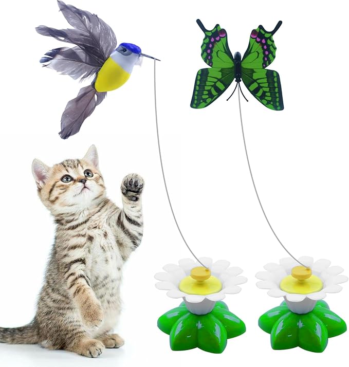 Yisquar Electric Bird & Butterfly Teasing Cat Toy 2PCS Interactive Bird Toy for Cats Interactive Cat Toys Automatic Electric Butterfly 360ยฐRotating Kitten Toys Fun Flying Birds Cats Play Chase