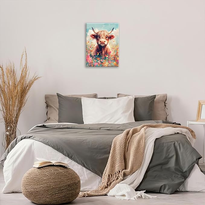 Highland Cow Wall Art Canvas Flower Cattle Wall Decor Prints Framed Painting Animal Pictures Gifts Artwork for Bathroom Living Dining Kitchen 12"x16"