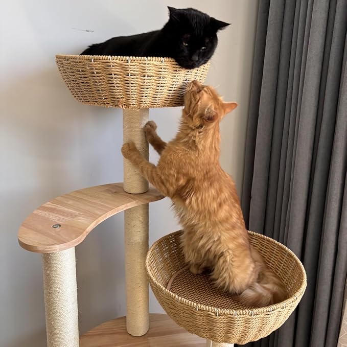 54" Large Modern Cat Trees, Luxury Rattan Oak Solid Wood Cat Trees Towers,3 Weaving Cat Nests & Washable Cool Cushions, Sisal Scratching Posts,Cat Condo for Indoor Cats- Wood Wax Oil Version