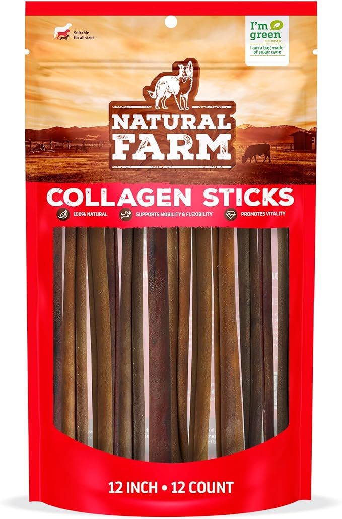 Natural Farm Odor-Free Collagen Chews, (12-Inch, 12-Pack), Long Lasting Bully Sticks & Rawhide Alternative Dog Treats, 95% Collagen, High Protein Best Dental Dog Treats β Medium & Large Dogs