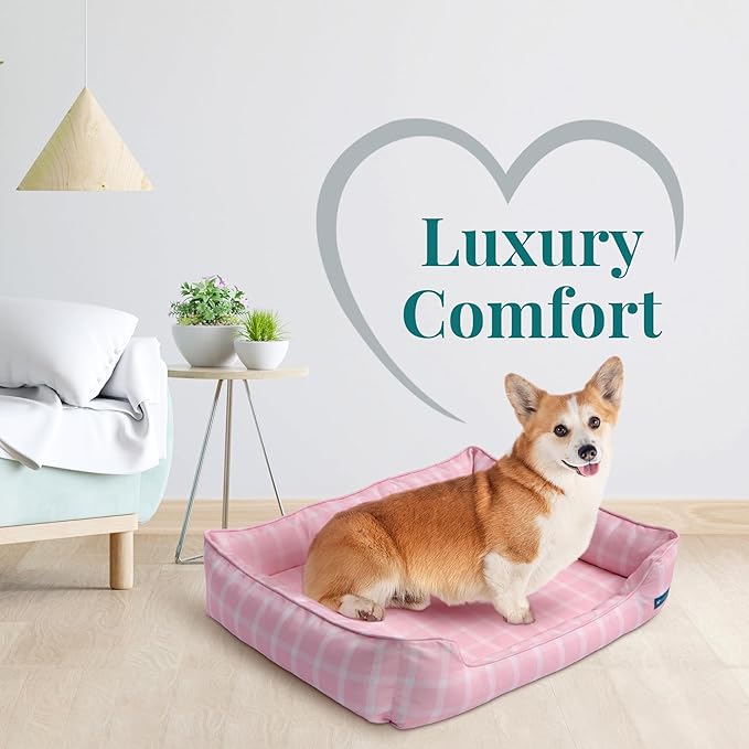 Orthopedic Bolster Dog Bed β CertiPUR-US Foam, Recycled Polyester Canvas, Washable Cover, Anti-Slip Bottom, Medium, Pink Check β Stylish Designer Dog Sofa