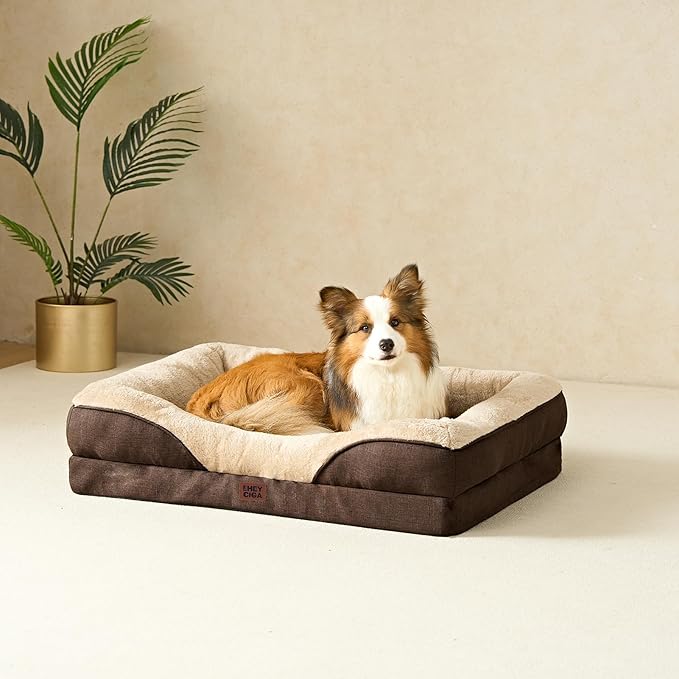 EHEYCIGA Memory Foam XXL Dog Bed for XLarge Sized, Extra Large Orthopedic Dog Sofa with Sides and Waterproof Liner, Washable Bolster Pet Couch with Removable Cover, 52x41x8 Inch, Brown