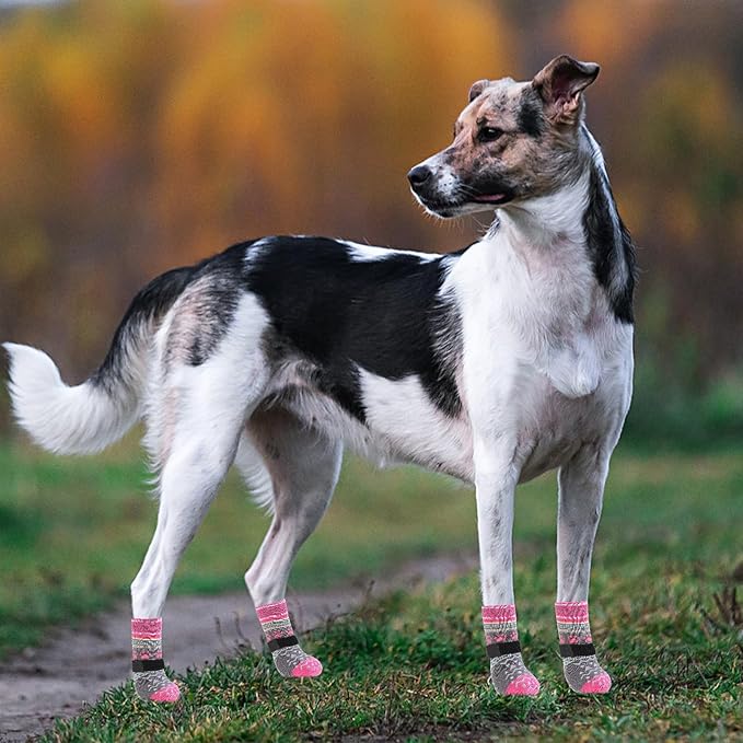 KOOLTAIL Dog Socks to Prevent Licking Paws for Hardwood Floors Anti Slip, Winter Warm Pet Boots&Paw Protector with Grippers, Double Sides Dog Shoes Booties for Small Medium Large Senior Dogs Pink M
