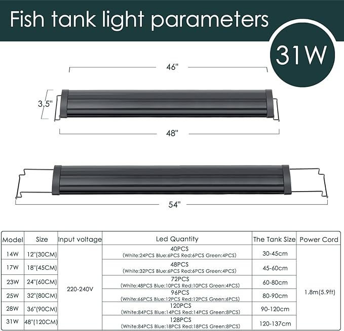 AQQA Aquarium Light,Full Spectrum LED Fish Tank Lights,12"-54" Adjustable Multi-Color White Blue Red Green LEDs with Extendable Brackets,14W-31W for Freshwater Plants (31W (48"-54"))