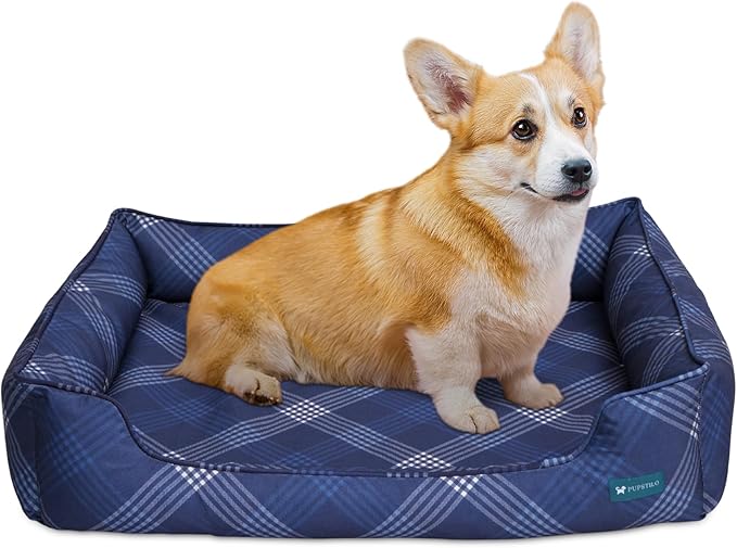 Orthopedic Bolster Dog Bed β CertiPUR-US Foam, Recycled Polyester Canvas, Washable Cover, Anti-Slip Bottom, Large, Navy Plaid β Stylish Designer Dog Sofa