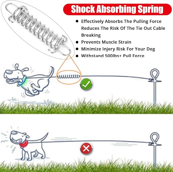 Jenico Dog Tie Out Cable - 10/15/20/30/40/50/70/100/150FT Runner Cable with Swivel Hook and Shock Spring, Outdoor and Camping Dog Leash Run Tether for Small to Medium Pets Up to 500 LBS