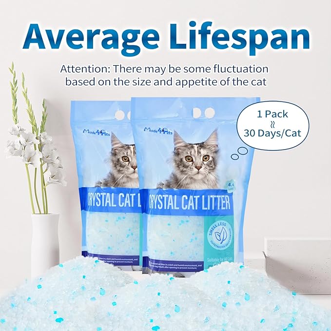 Made4Pets Cat Litter Crystals, Non Clumping Cat Litter Odor Control Kitty Litter Non Clumping No scooping Low Dust, Low Tracking, Lightweight, Dehydrates Waste,Cologne– 25.8 lbs (6 x 4.3 lb Packs)