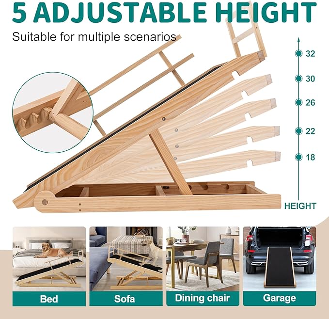 Dog Ramp for Bed, Adjustable Pet Ramps for Dog to Get on Bed, Non-Slip Rubber Surface - Folding Wooden Dog Ramp for Small/Large/Old Dogs, Adjustable up to 31 inch High Beds, Safety Railings