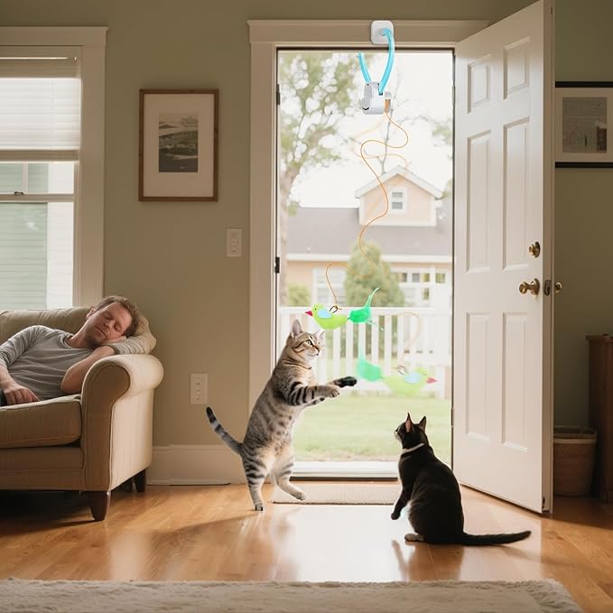 Interactive Cat Toys for Indoor Cats Automatic Electric Flying Bird Feather Wand Toy - Best Kitten & Adult Cat Enrichment Stimulation Toy Hanging Electric Kitty Toys for Bored Cats(Blue White)
