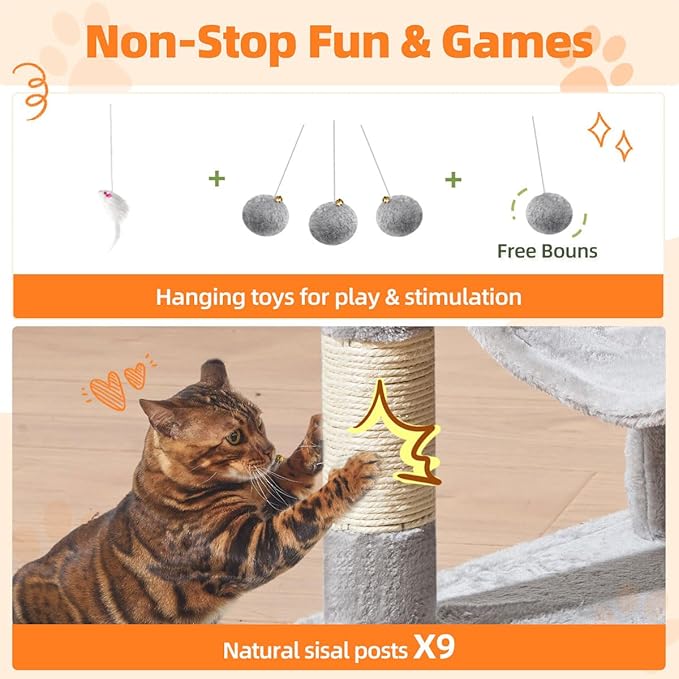 Taoqimiao Large Cat Tree,73-Inch Cat Tree Tower with 9 Scratching Posts for Indoor Cats, 2 Large Cat Condo with Hammock, Hanging Basket, 2 Extended Platform, Light Gray MS013XLW