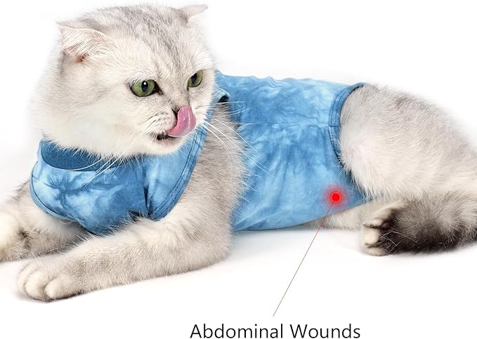 Cat Recovery Suit for Male and Female Surgical Post Surgery Soft Cone Onesie Tie Dye Cats Shirt Clothes Neuter Licking Protective Diapers Outfit Cover Kitten Spay Collar Alternative(Navy Blue, M)