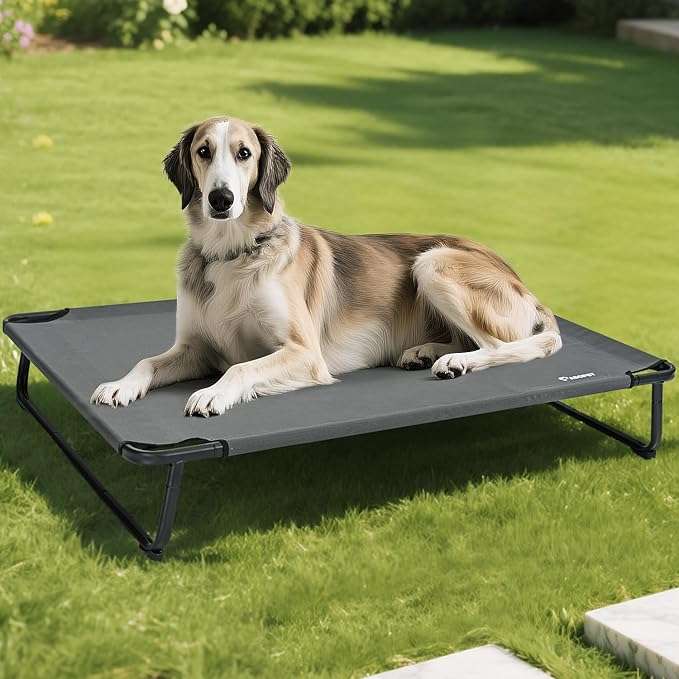 Elevated Dog Beds Extra Large Raised Dog Cots Outdoor Dog Bed Waterproof Pet Cots Stable and Easy Assembly, Teslin Fabric with 1.2mm Thick Iron Frame, Breathable, Ultra-Sturdy,Grey, 54*37*8.7