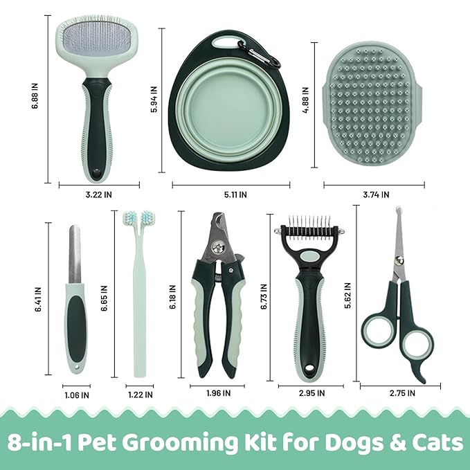 8-in-1 Pet Grooming Kit for Dogs & Cats - Includes Slicker Brush, Nail Clippers, Comb, Scissors, Toothbrush & Collapsible Bowl - Deshedding, Hair Trimming & Care Set, Travel Bag