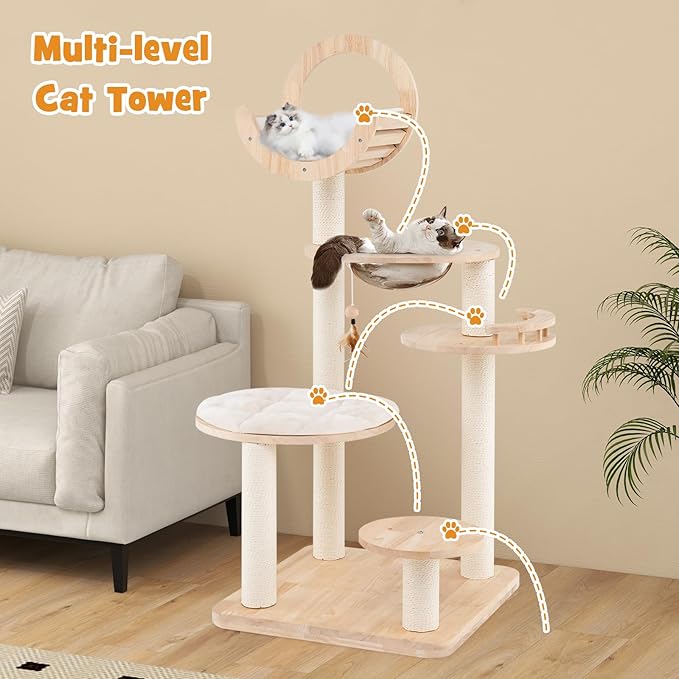 Tangkula Solid Wood Cat Tree, 4-in-1 Building Block Large Cat Tower with Space Capsule Nest, Scratching Posts, Padded Platform, Hanging Toy, Cat Tree Tower with 4 Transformations for Indoor Cats