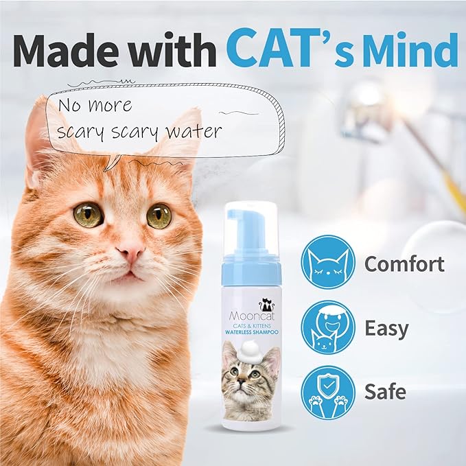 Mooncat Waterless Cat Grooming Bundle โ No Rinse Foam Shampoo (5oz) + Cat Ear Cleaning Finger Wipes (40ct) | Licking Safe, pH Balanced, Dry Bath for Sensitive Cats, Removes Ear Wax & Dirt, Daily Pet H