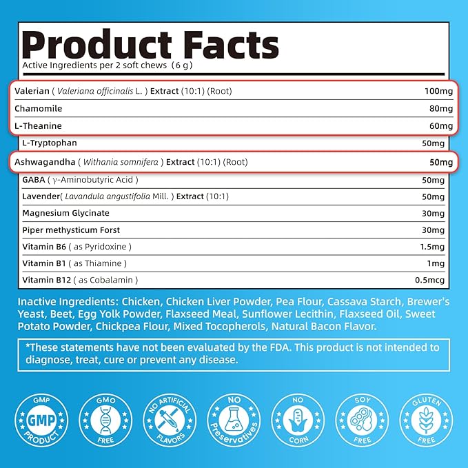 Calming Chews for Dogs – Calming Treats for Anxiety, Stress, Separation, Travel&Thunder, Relaxation & Focus Support with L-Theanine, Valerian Root, Chamomile & Ashwagandha, Bacon Flavor, 60Ct