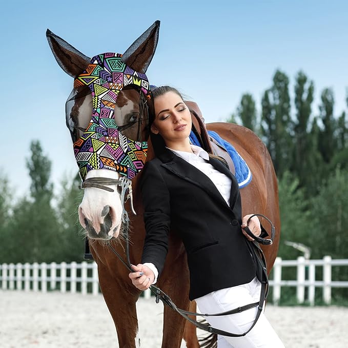 Chunful 6 Pcs Horse Fly Masks with Ears Smooth and Comfortable Cashel Mesh Fly Mask Elasticity Breathability UV Protection Horse Face Covering for Riding Supplies(Geometric,Medium)