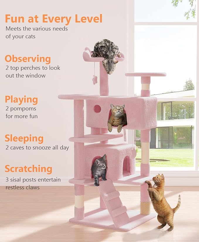 54" Cat tree Tower for Indoor Cats Large Adult,Cute/Tall Modern Cat Tree for Big Cats 20 lbs,Plush Multi-Level Cat Condo with Scratching Posts, Dangling Ball for fun play (Soft Pink, 54 inch)
