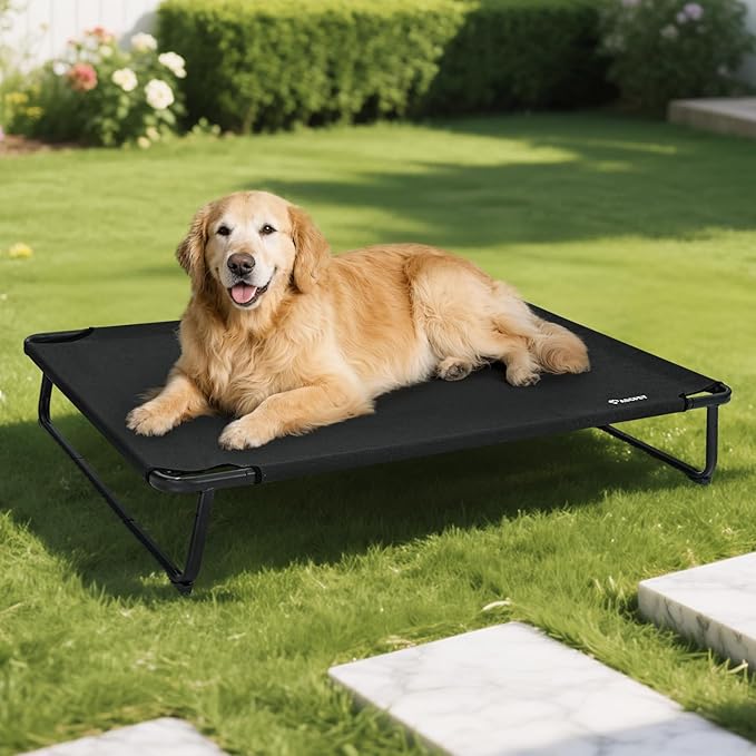 Cooling Elevated Dog Bed, Raised Outdoor Dog Bed Waterproof Pet Beds Cots Stable and Easy Assembly, Teslin Fabric with 1.2mm Thick Iron Frame, Breathable, Ultra-Sturdy,Black, 42 * 28 * 7.9