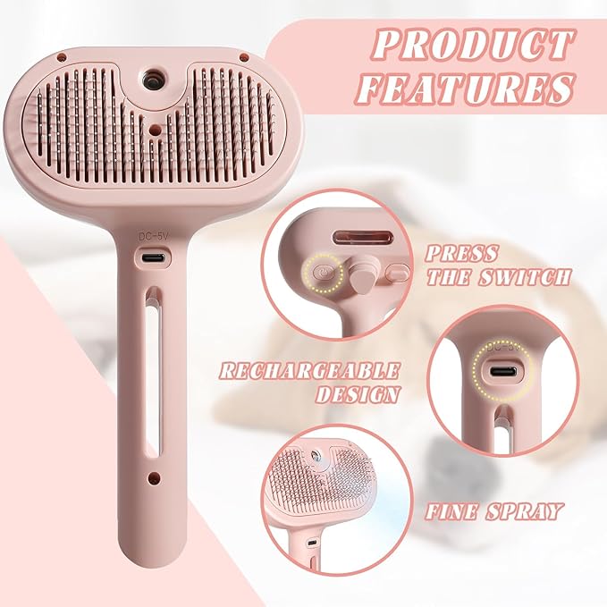 Cat steam brush β Effective Pet Brush for Indoor Cats, Steam Technology for Shedding, Mats & Grooming β Ideal cat brush indoor for Deep Cleaning (Pink)