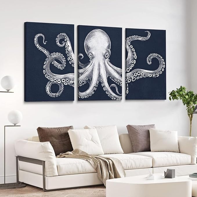 Octopus Wall Decor, Octopus Canvas Wall Art, Ocean Wall Decor,Sea Animal Canvas to Paint for Bathroom, Living Room, Bedroom (24" x 36" x 3 pcs)