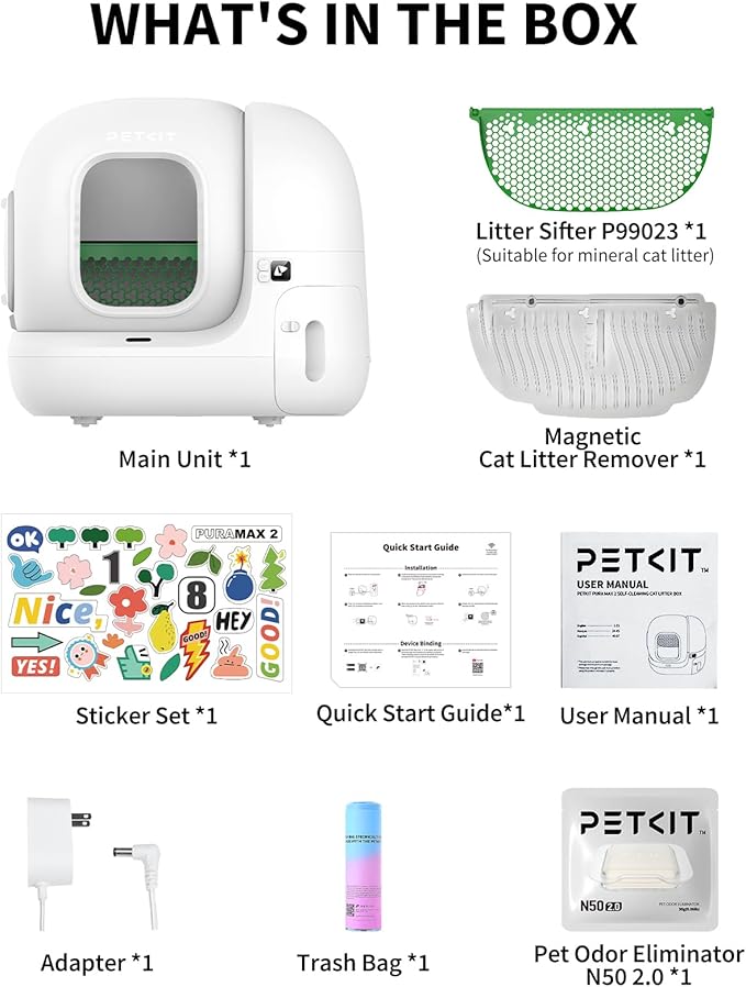 PETKIT PuraMax 2 Automatic Self-Cleaning Cat Litter Box, App Control Scoop-Free Litter Box with Safety Sensors, Odor Free & Anti-Leakage Basic Bundle Includes Trash Bags,2.4G WiFi & Low Entrance