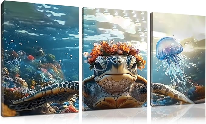 Wivsev Sea Turtle Canvas Wall Art,Under Sea Wall Art,Sea Life Pictures Wall Decor,Ocean Animal Painting for Bathroom,Living Room,Bedroom (12" x 18" x 3 pcs)