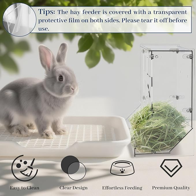Acrylic Rabbit Hay Feeder with Lid, Transparent Hanging Food Dispenser Hay Feeder for Bunny Rabbits Guinea Pig Cage Chinchillas Hamsters Small Pets and Animals(Large