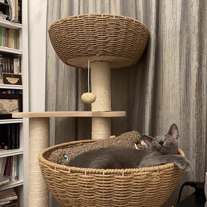 54" Large Modern Cat Trees, Luxury Rattan Oak Solid Wood Cat Trees Towers,3 Weaving Cat Nests & Washable Cool Cushions, Sisal Scratching Posts,Cat Condo for Indoor Cats- Wood Wax Oil Version