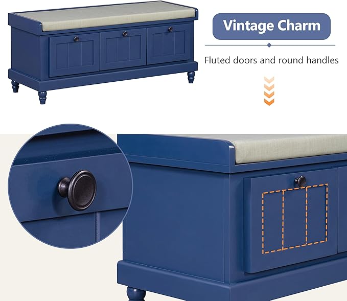 Classic Shoe Storage Bench with Cushion and Three Drawers, Fluted Entryway Bench with Storage for Entryway, Living Room, Hallways 44.0" L x 15.9" W x 18.9" H Antique Navy