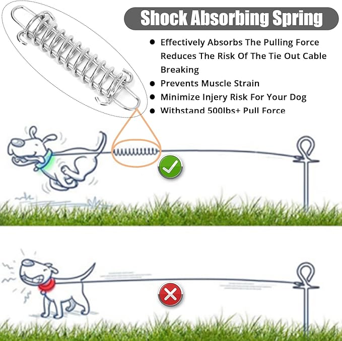 Jenico Dog Tie Out Cable, 10/15/20/30/40/50/70/100/150FT Runner Cable with Swivel Hook and Shock Spring, Yard and Camping Dog Leash Run Tether, Up to 500 LBS