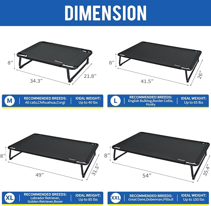 Elevated Dog Beds, Extra Large Raised Dog Cots Outdoor Cooling Dog Bed Waterproof Stable and Easy Assembly, Teslin Fabric with 1.2mm Thick Iron Frame, Breathable, Ultra-Sturdy,Black, 54*37*8.7