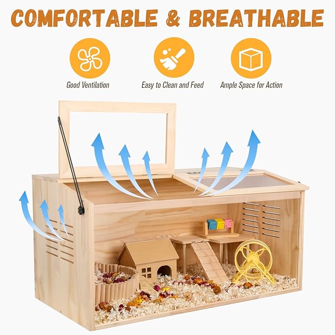 Wooden Hamster Cage,48" Lx20 Wx20 H,Animal Cabinet for Dwarf Syrian Hamsters Degus, Hamster Habitat with Openable Top and Large Acrylic Sheets.