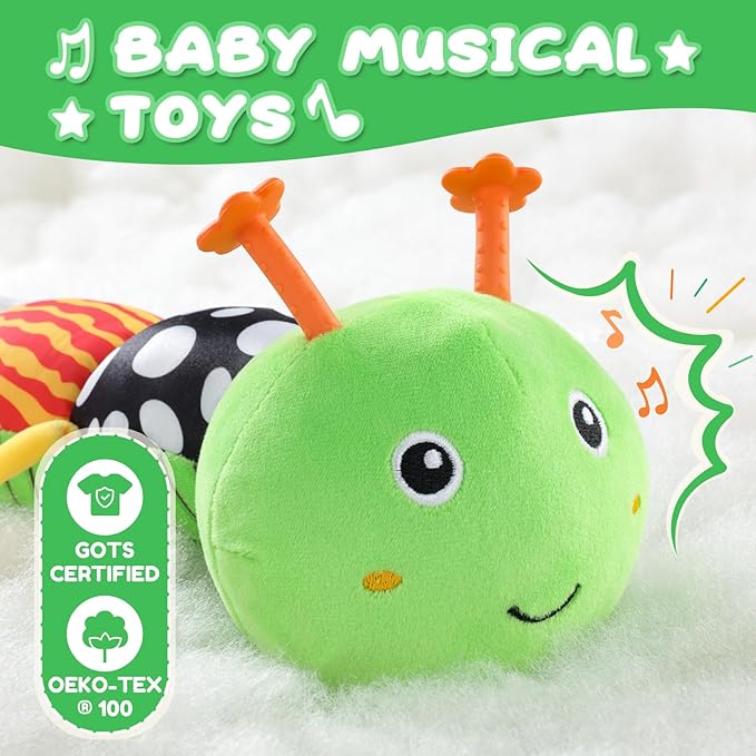 Baby Toys 0-6-12 Months,Musical Caterpillar Stuffed Animals Activity Infant Toys with Crinkle,Rattles,Mirror&Pull String,Muti-Sensory Toys Gifts for Newborn Tummy Time,Green,Knot prolegs