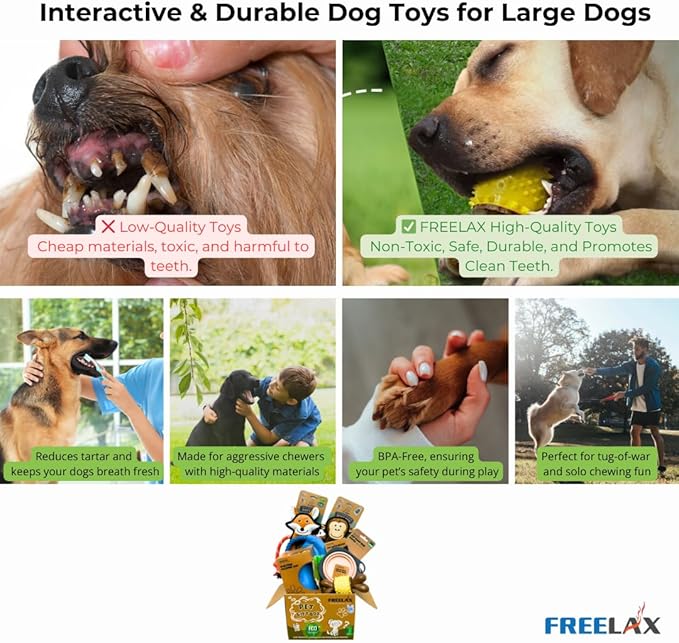 Durable Dog Chew Toys Gift Box โ Eco-Friendly Teething Toys for Aggressive Chewers, Plush & Squeaky Toys, Toothbrush, Ideal Gift Basket for Medium & Large Dogs