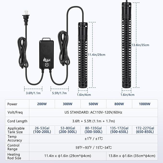 AQQA Aquarium Heater,Submersible Fish Tank Heater 59-93°F/15-34°C External Controller,Rapid Heating,Ultra-high Temperature Protection,Automatic Power-Off When Leaving Water (300W for 53-80 Gallon)