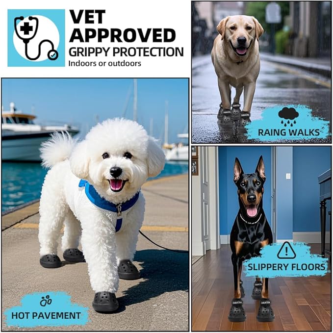 JZXOIVA Dog Shoes for Hot Pavement, Dog Booties for Large Dogs, Breathable Dog Boots & Paw Protectors, Adjustable Non-Slip Dog Rain Booties, Waterproof Pets Sandals for Beach Black Size 8