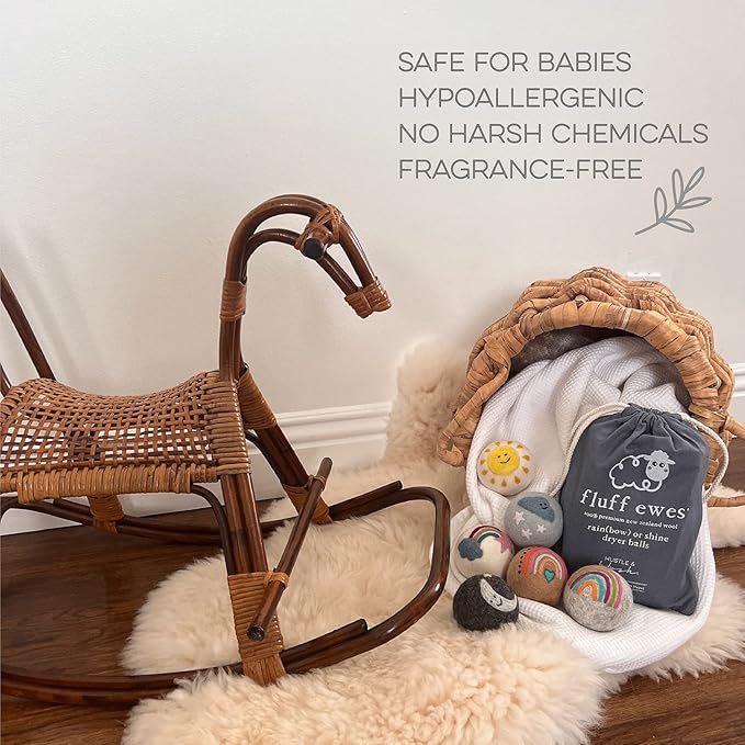 Fluff Ewes Wool Dryer Balls 6 Pack Premium New Zealand Wool Laundry Balls for Dryer, No Static Dryer Balls Laundry Reusable, XL Wool Dryer Balls Cute, Baby Dryer Balls for Dryers - Rainbow or Shine