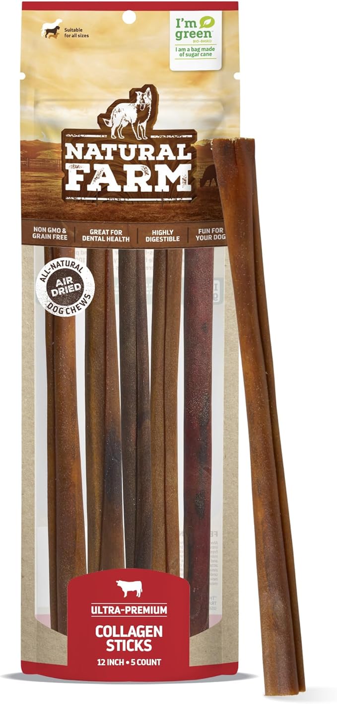Natural Farm Collagen Dog Chews (12 Inch, 5 Pack), Odor-Free Long Lasting Bully Sticks & Rawhide Alternative Dog Treats, 95% Collagen Low Fat, High Protein β Medium & Large Dogs