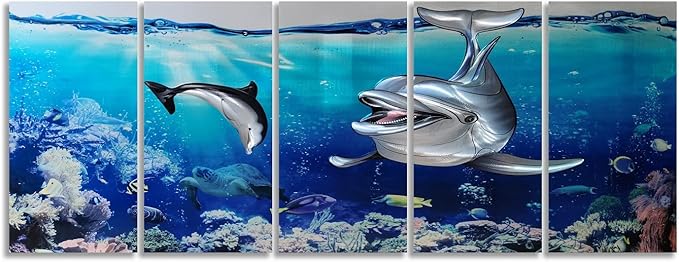 SYGALLERIER Dolphin Metal Wall Art Hand Crafted Coastal Aluminum Artwork in 5 Pieces, Modern Sea Pictures Sculpture for Living Room Bedroom Bathroom Decor