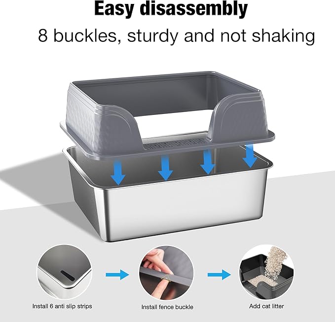 Suhaco Extra Large Stainless Steel Litter Box with Lid XXXL High Sided Cat Litter Boxes Included Litter Mat & Litter Scoop Anti-Urine Leakage Metal Pet Toilet for Big Cats (Grey XXXL)