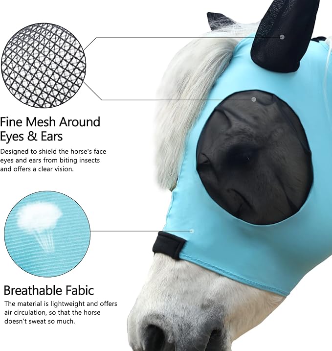 Horse Fly Mask with Ears - Large Eye Space for Full Vision, Breathable Stretch Comfort Fit, UV Protection, Forelock Opening, Easy Pull-On Paleblue Full