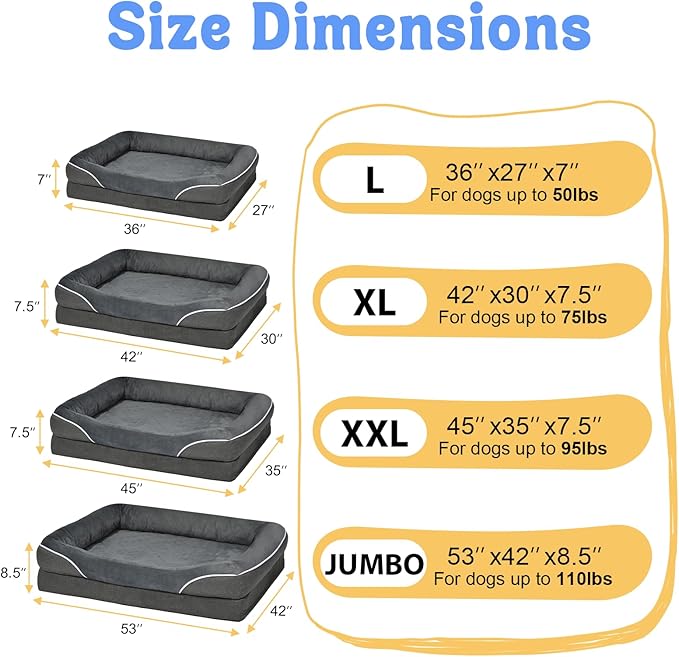 Washable Orthopedic Large Dog Bed - Removable Orthopedic Foam Dogs Beds with Bolsters Waterproof Large Dog Bed and Non-Slip Bottom Extra Large Dogs Beds Sofa