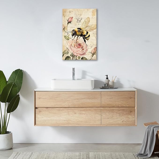Rustic Bee Bathroom Pictures Wall Art, Vintage Floral Bathroom Wall Decor, Pink Rose Flower Framed Painting Canvas Artwork for Bedroom Living Room Decorations 24"L x 16"W