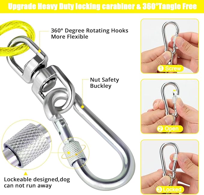 jenico Dog Tie Out Cable, 10/15/20/30/40/50/70/100/150FT Runner Cable with Swivel Hook and Shock Spring, Dog Leash Run Tether for Yard Outdoor and Camping,for Small to Medium Pets Up to 500 LBS