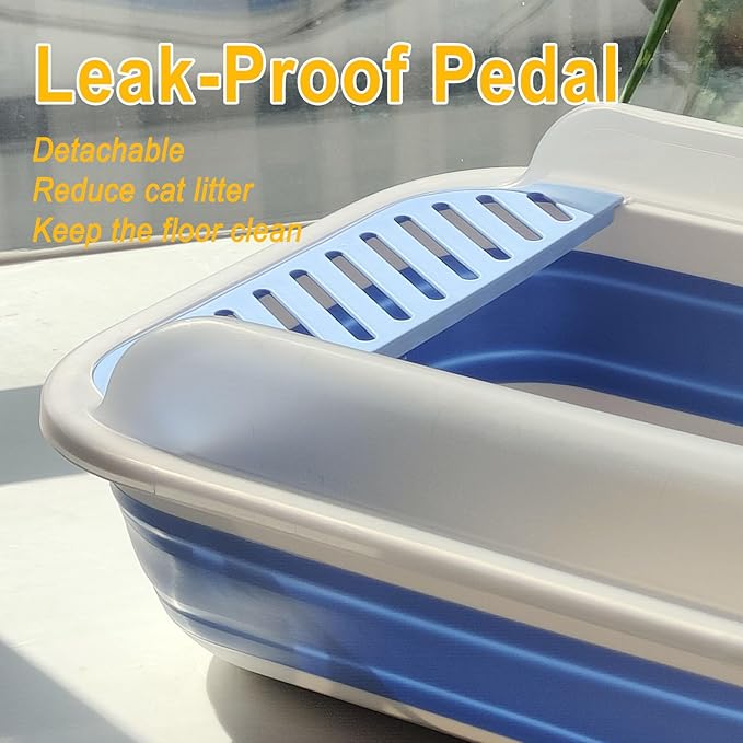 Open Cat Litter Box with High Side, Anti-Splashing Kitty Litter Pan Collapsible Travel Litter Potty Pan Scoop Leak-Proof Pedal Cat Toilet No Smell Easy Clean (M Blue High Side)